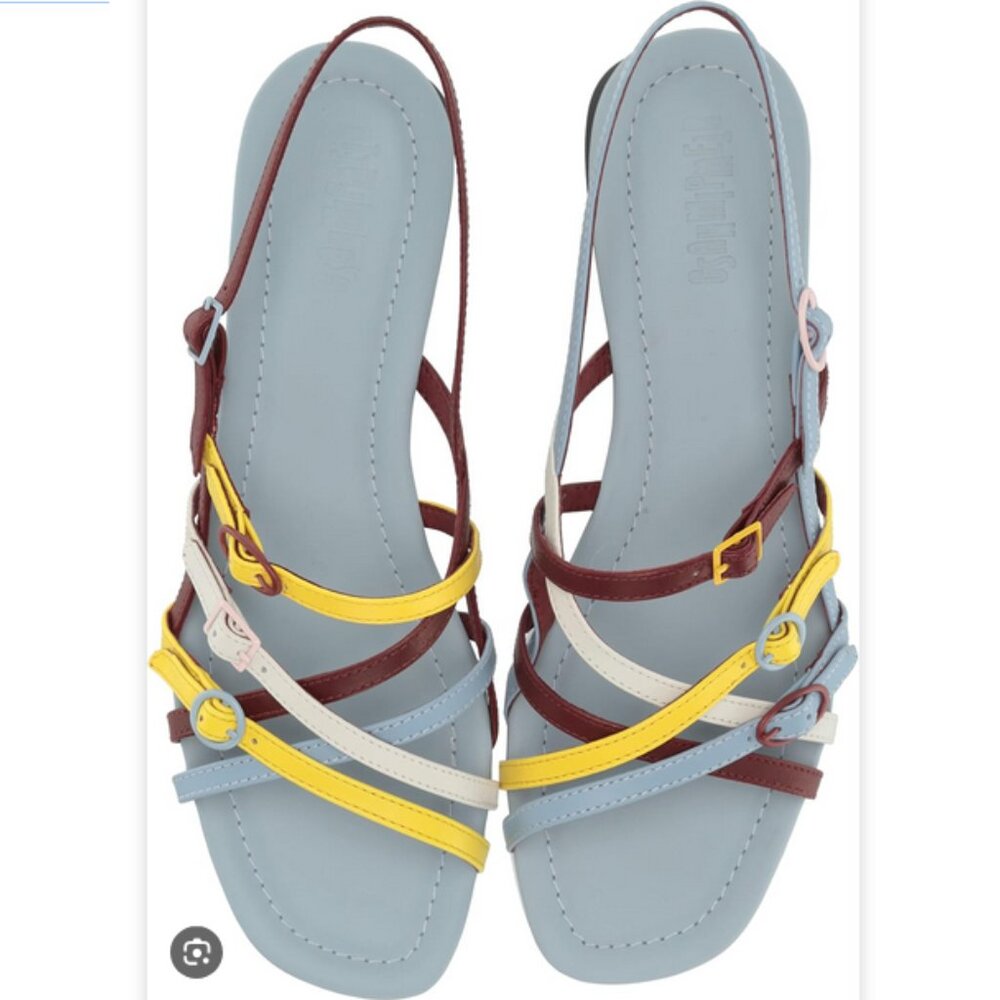 Camper Multicolored leather strappy sandal, Blue/Yellow/Brown/White, Size 41/11